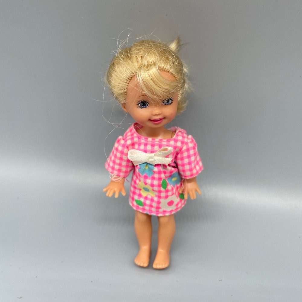 Vintage 1994 Mattel Kelly Barbie Little Sister Doll Pink Gingham Floral Dress